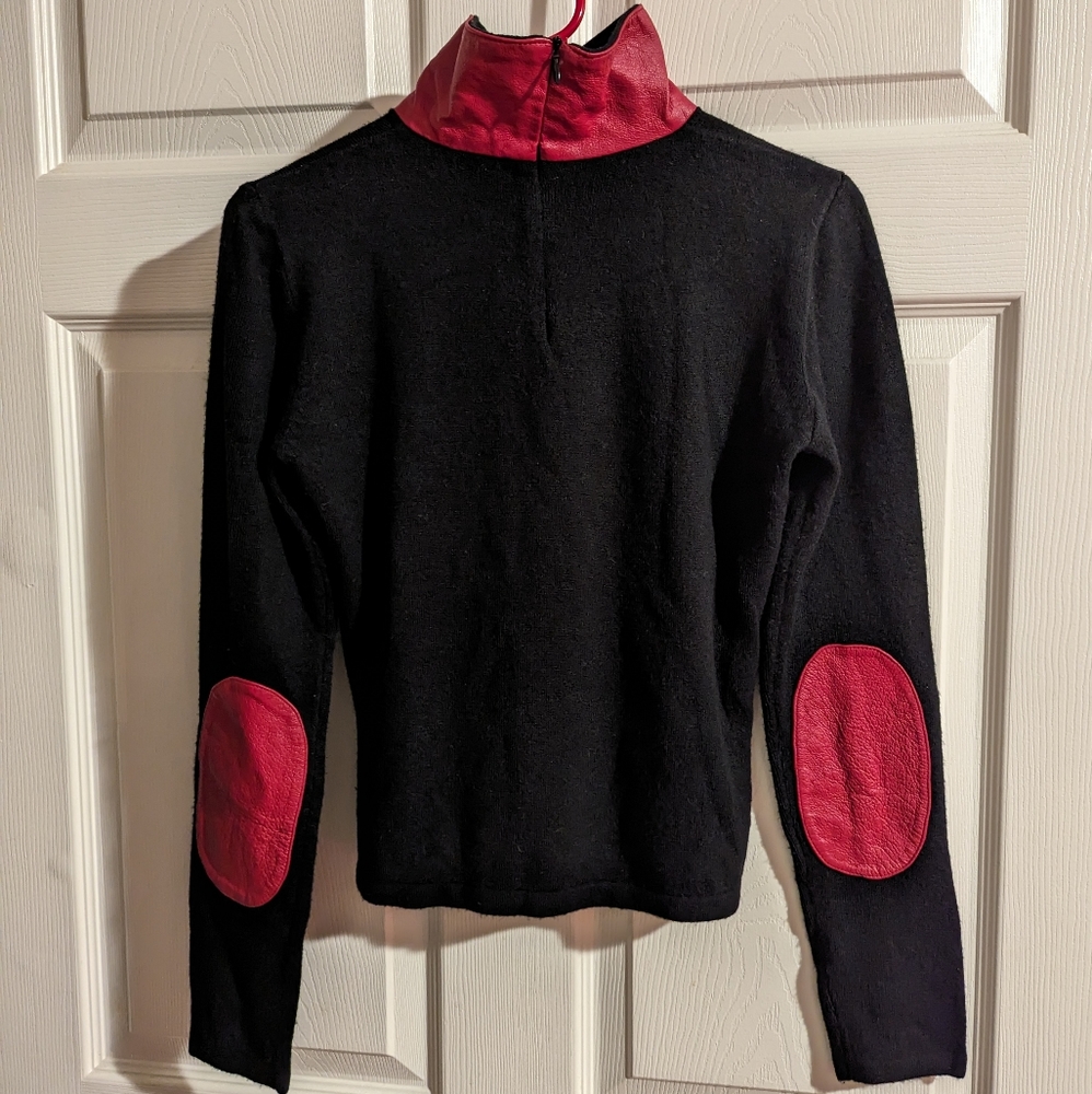 Newport News 100% Red Leather Turtleneck Sweater with Leather Elbows patches